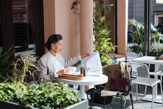 a peaceful outdoor cafe with greenery