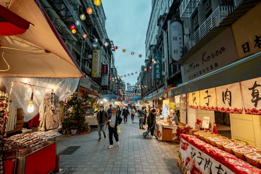 crowded city festival with food stalls