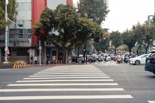 a bustling pedestrian-friendly street with green spaces