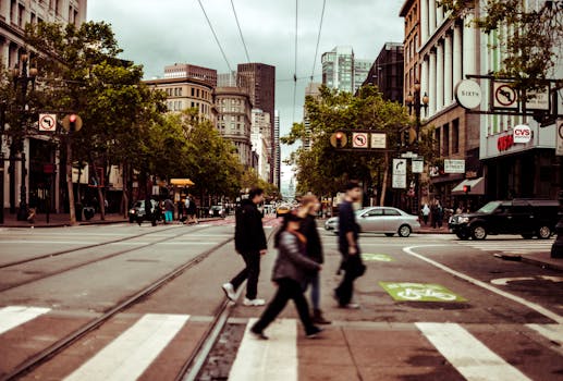 busy city street with people walking