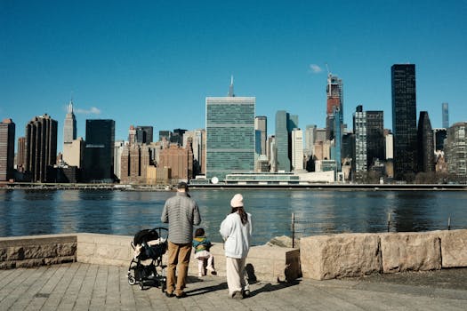 City skyline with couples walking