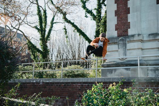 young professional practicing parkour in the city