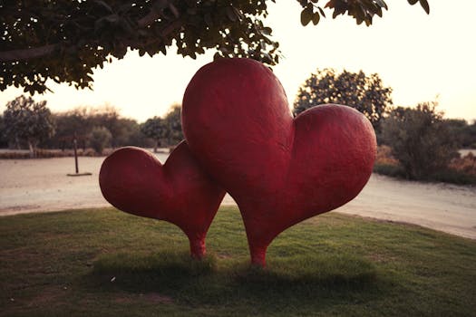 colorful heart sculptures in a park