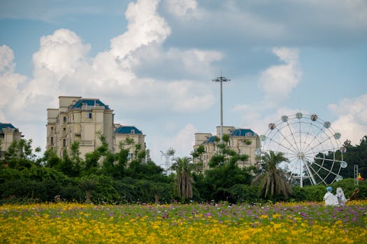 lush city park with flowers and trees